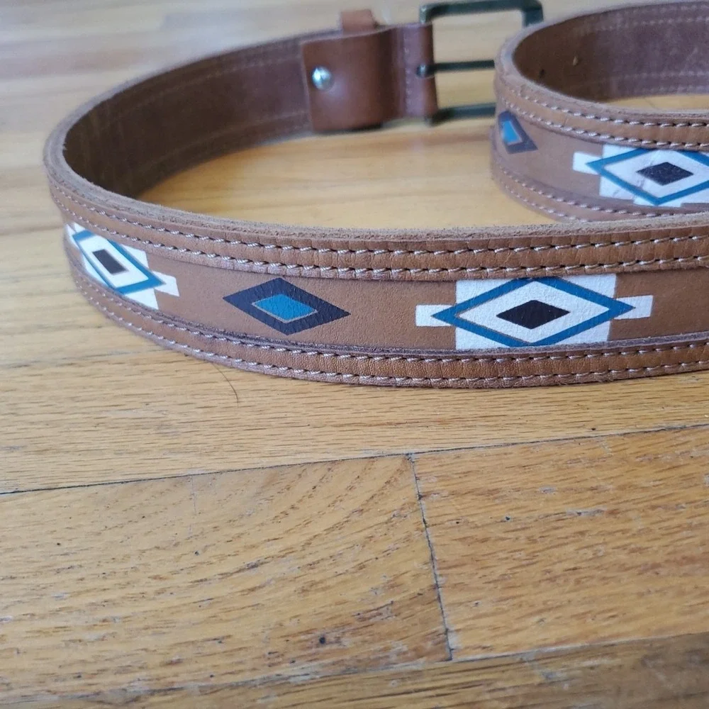 LoveStrength Painted Leather Hip Belt‎ Small Tan Aztec Boho Southwestern NEW